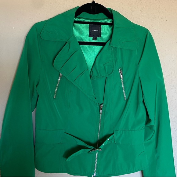 Express bright green moto jacket multiple zippers buckle size S - Picture 2 of 9